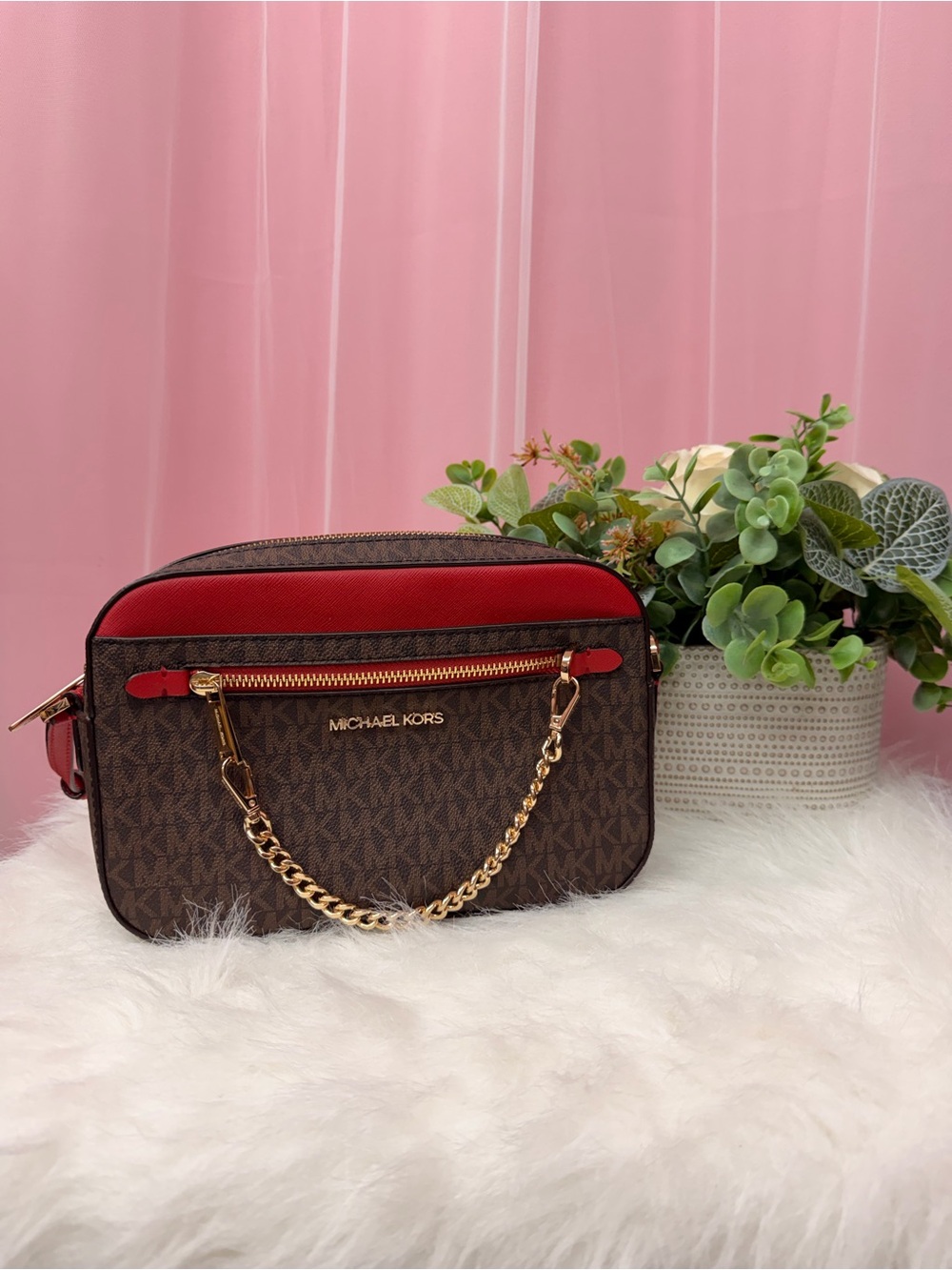 Michael Kors Brown & Red Monogram Chain Crossbody